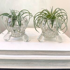 Lot Of 2 Vintage Clear Glass Footed Pillar Tea Light Candle  / Air Plant Holders